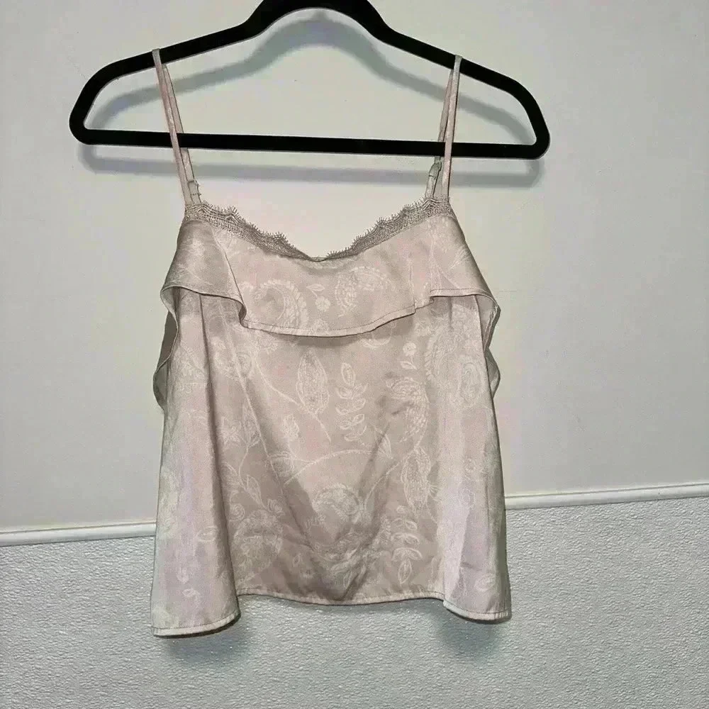 Women's Express Cami, Size M, Pink Blush with Floral Silky Polyester ruffles - Picture 3 of 10